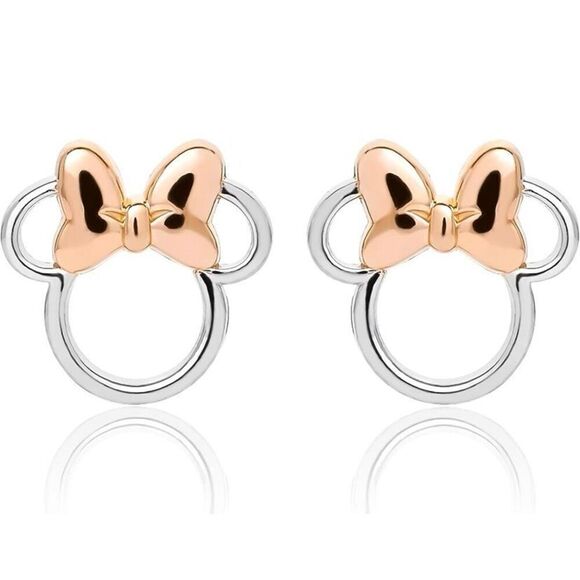 NWT Minnie Mouse Silver Plated Rose Gold Bow Silhouette Stud Earrings ￼￼￼ - Picture 1 of 6